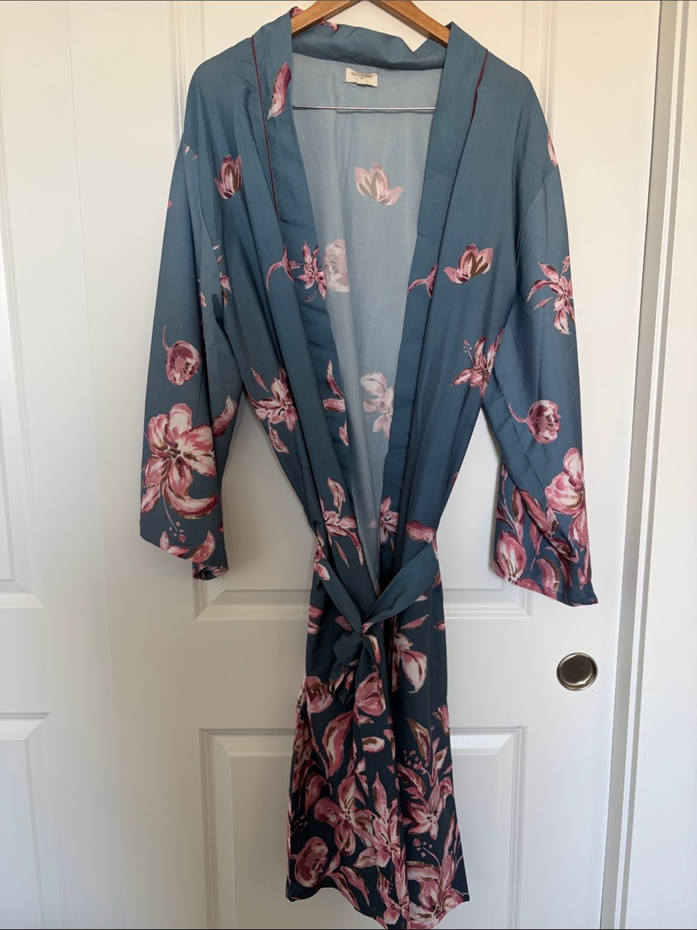 Cost Plus World Market Blue Floral Robe with Pink Bloom Print